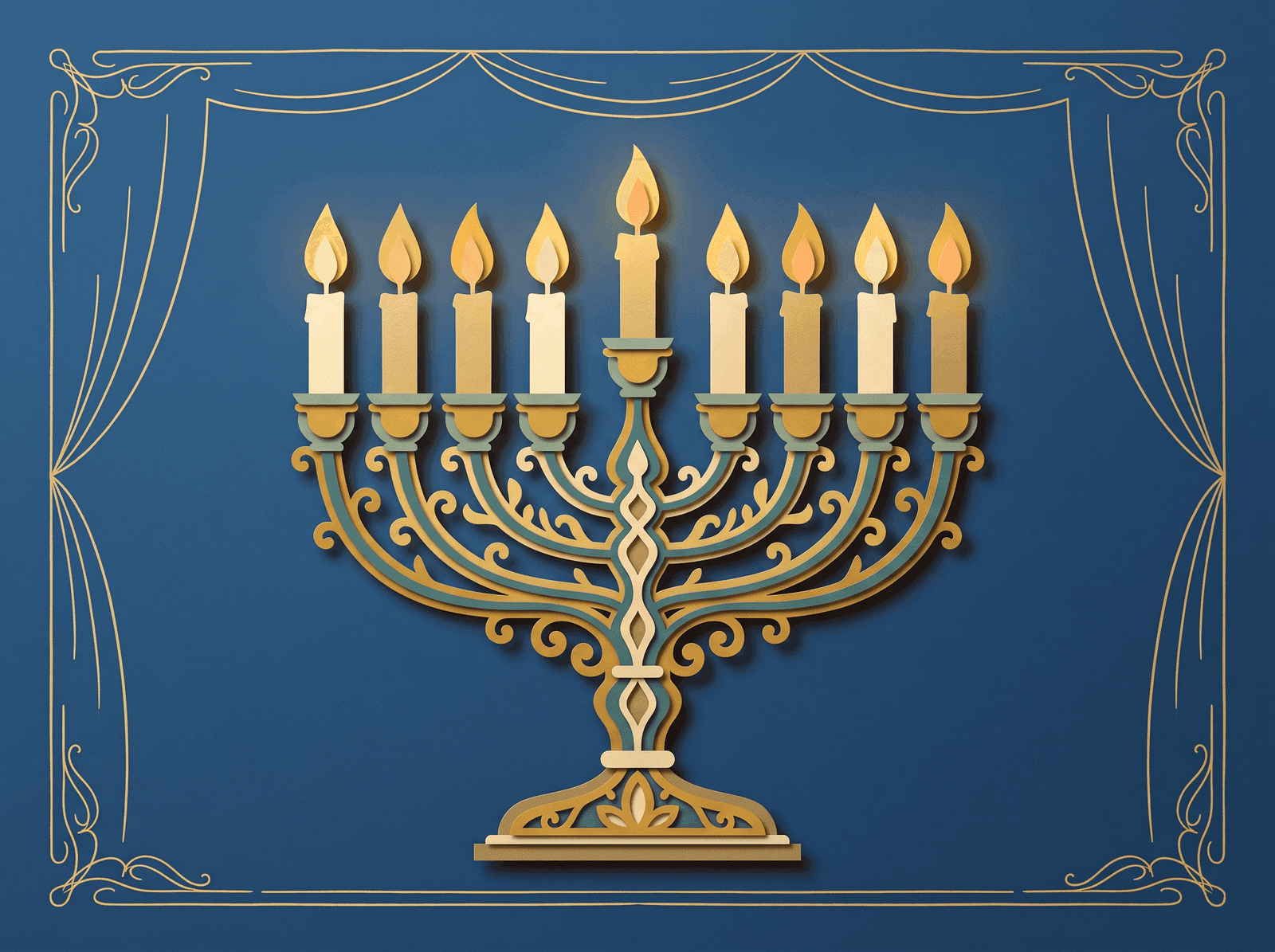 איור בסגנון גזרי נייר של חנוכייה מפוארת עם תשעה נרות דולקים, על רקע כחול כהה עם קישוט קווי זהב בסגנון וילון תיאטרון בפינות