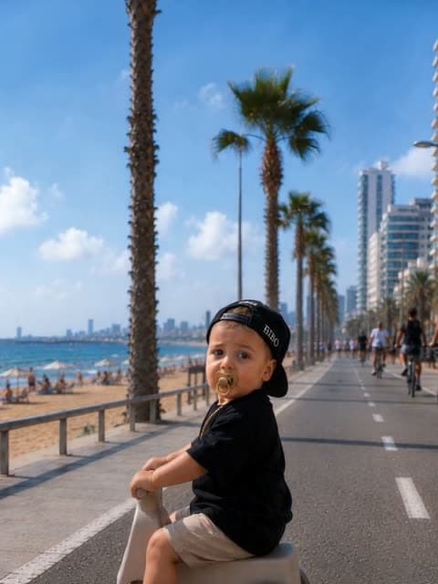 פעוט על בימבה על טיילת תל אביב, עם דקלים והים ברקע